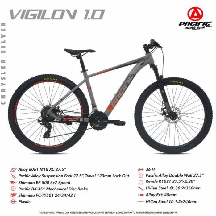 Sepeda Gunung MTB Pacific Vigilon 1.0 27.5 inch Alloy Shimano 7 Speed - Chrysler Silver