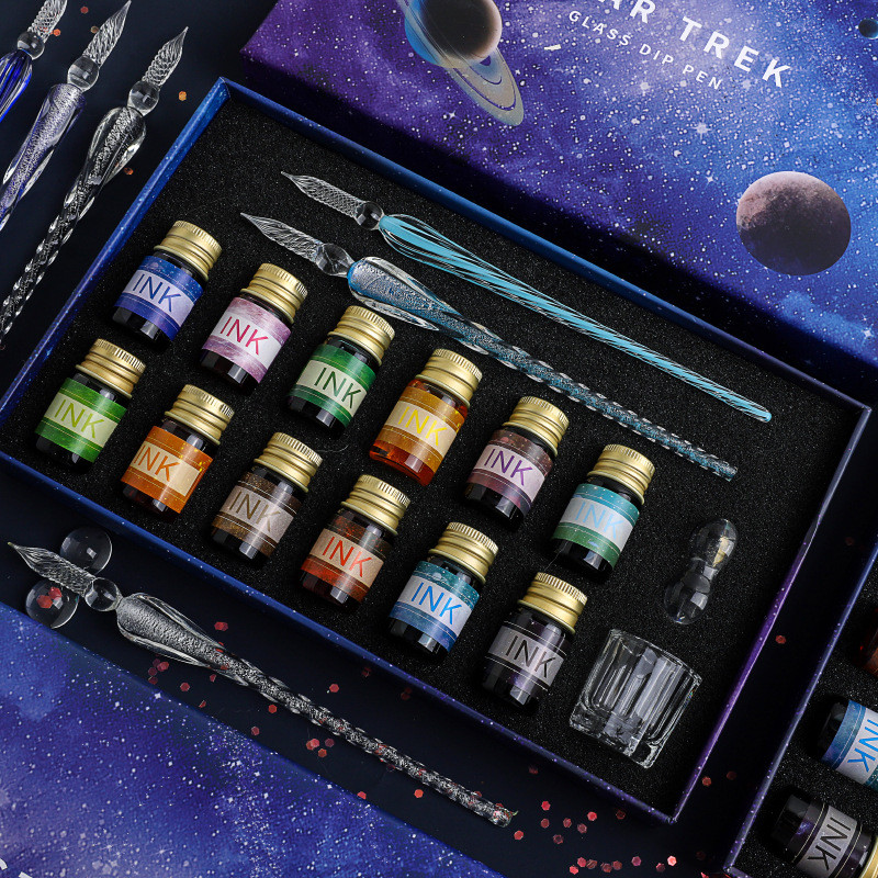 Free Starry Sky Glass Pen Set Signature Pen Crystal Student Dip Pen Glass Dip Pen Gift Pen Set of 16