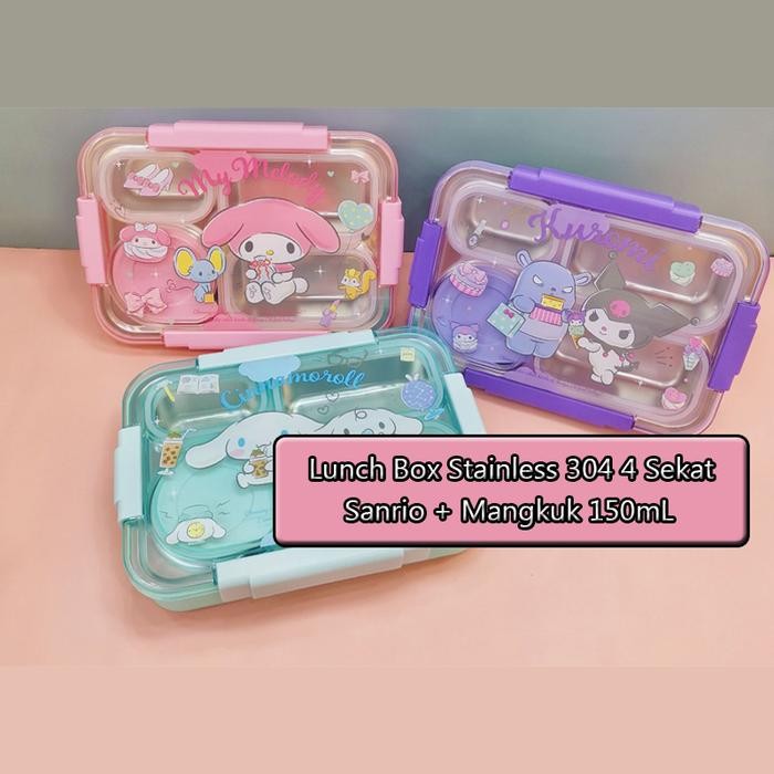 

ORIGINAL SANRIO LISENCE Tempat Makan Bekal Makan Lunch Box Stainless SUS304 4 Sekat Sisi Anti tumpah