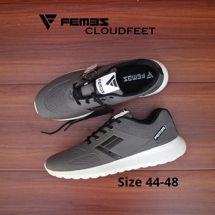 Ready Sepatu Jumbo Original Femez Big Size Pria Cloudfeed Abu List Hitam Ukuran 43 - 47 Karet Flat