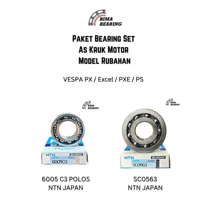 PAKET BEARING SET AS KRUK MOTOR VESPA PX EXCEL PXE PS RUBAHAN SC0563 6005 C3 NTN JAPAN LAHER ORI