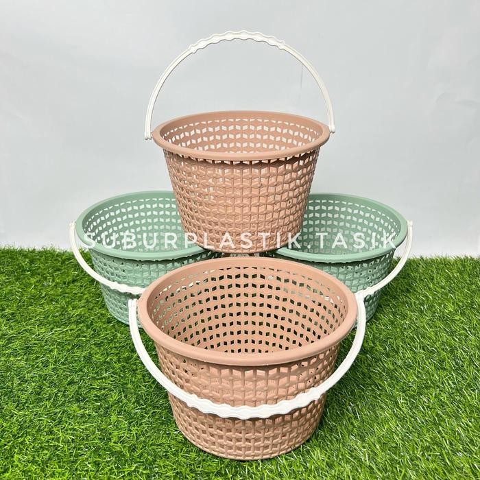 [12 pcs] Keranjang Jinjing Bulat Elandra Plastik Tempat Sabun Gagang Hantaran Parcel Wadah Serbaguna