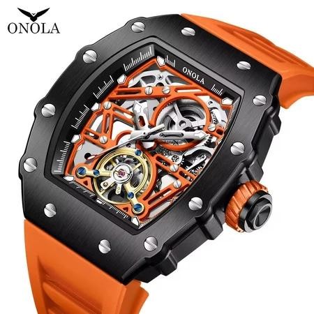 Onola Tonneau Automatic Movement Mechanical Watches For Men New Tourbillon Waterproof Silicone Strap