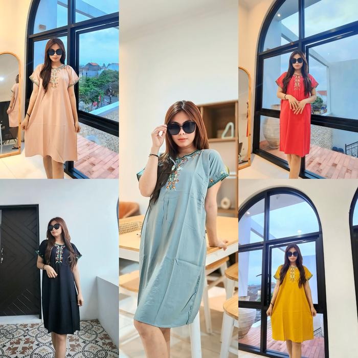080j- Tiara Dress Bordir Rayon Twill Busui Friendly Midi Nyaman Baju Wanita Tangan Pendek