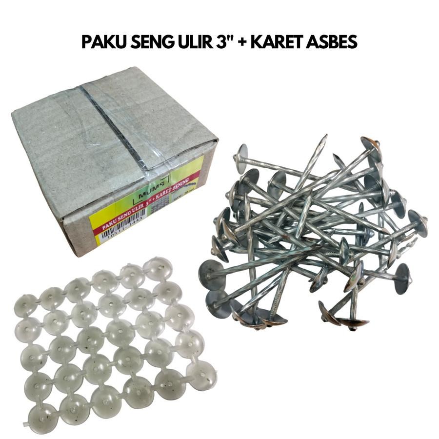 GROSIR TERMURAH Paket Per 30 Pcs Paku Seng Ulir 3" Inch 7.5cm MUMS + Karet Asbes Bening Transparan /