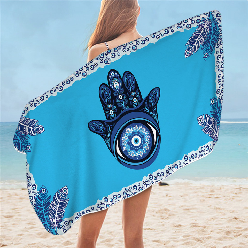 Evil Eye Hamsa by Ismot Esha Bath Towel Mandala Beach Towel Hand Blue Rectangle Beach Mat Peacock Fe