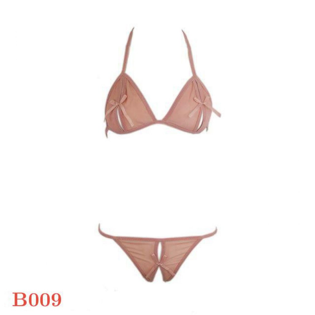 B009 - Bra Set Bralette Halter Krem Transparan Celana Dalam Crotchless