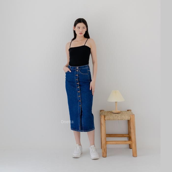 9qli- Onetta - Eloise (Bio Blue) - Rok Jeans Kancing Span Denim High Waist Belah Tengah