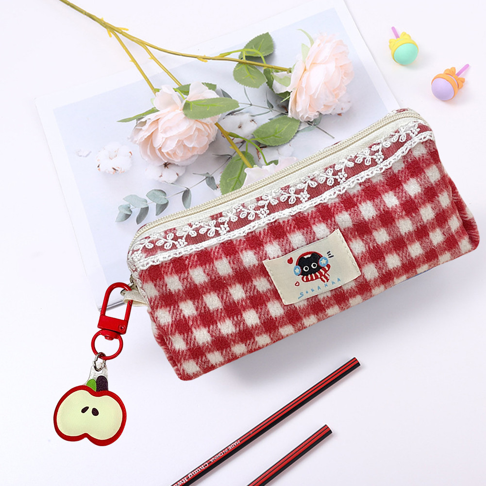 Cute Kitty Pencil Pouch with Apple Pendant Pencil Case Plaid Stationery Organizer for Girl Students