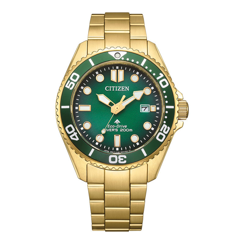 Jam Tangan Pria Citizen Promaster BN0262-59W Eco-Drive Diver 200M Green Dial Gold Stainless Steel St