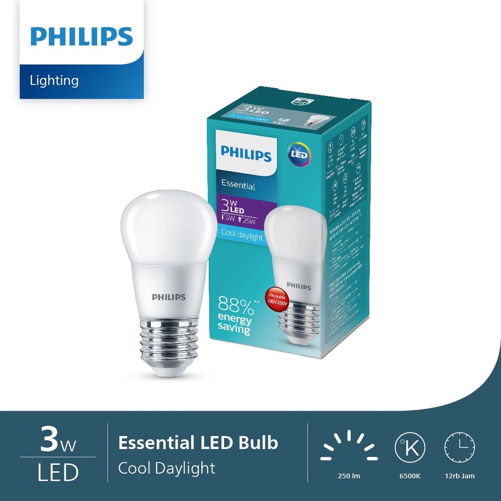 Lampu Philips Essential LED Bulb Mini Bohlam 3W E27 6500K Putih P45