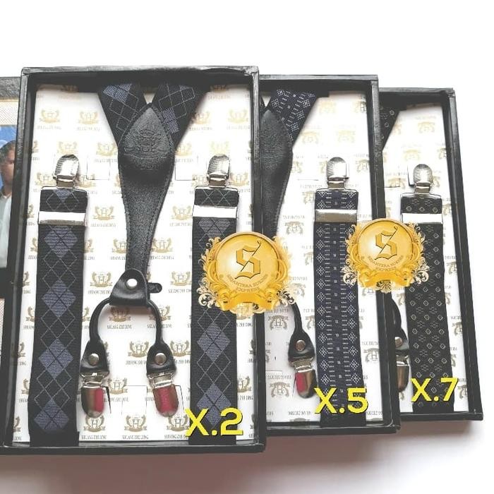 Suspender Bretel Hitam Motif Kulit Letter X Import Japit 4 Logam
