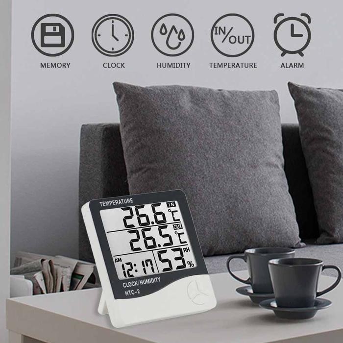 Htc-2 Termometer Hygrometer Ruangan Digital Jam Thermometer In/Out Pasti Ori