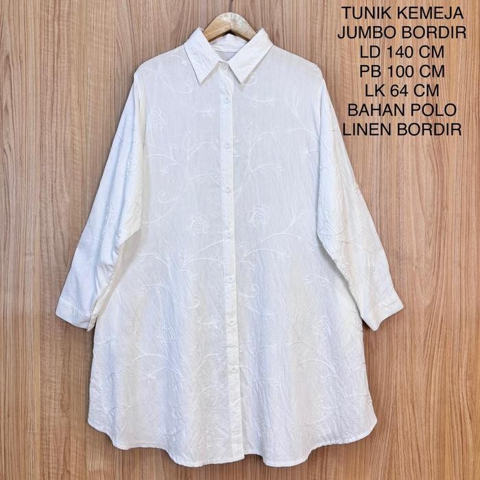 Tunik Kemeja Putih Jumbo Wanita Ld 140 Cm Motif Full Bordir Kekinian