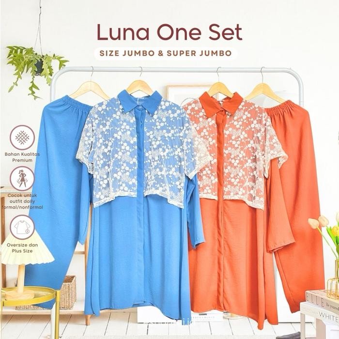 [06B] Luna Oneset Jumbo Big Size Bahan Brokat Premium by Eshantai (Setelan Atasan Tunik + Celana
