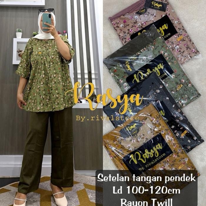 080j- Setelan Wanita Terbaru Kombinasi Motif Bunga Kecil Oneset Rasya Setcel Jumbo Terbaru