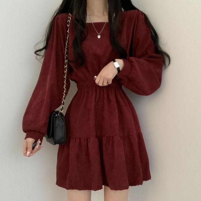 080j- Dress Lengan Panjang Wanita Kerah Persegi/Dress Korean Style/ Gaun Natalan/Dress