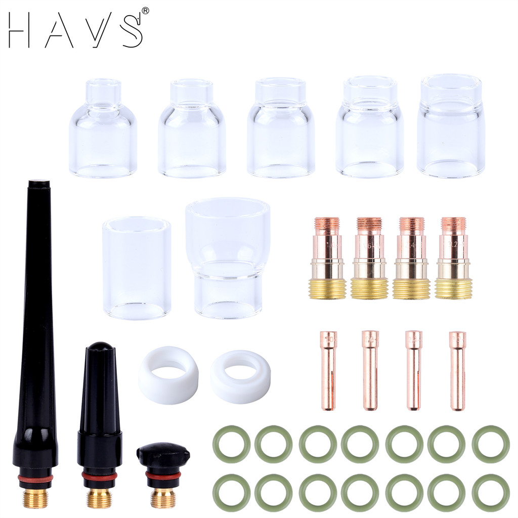 34Pcs TIG Welding Torch Accessories Stubby Gas Lens 4#~12# High Temperature Glass Cups Kit Fit WP17/