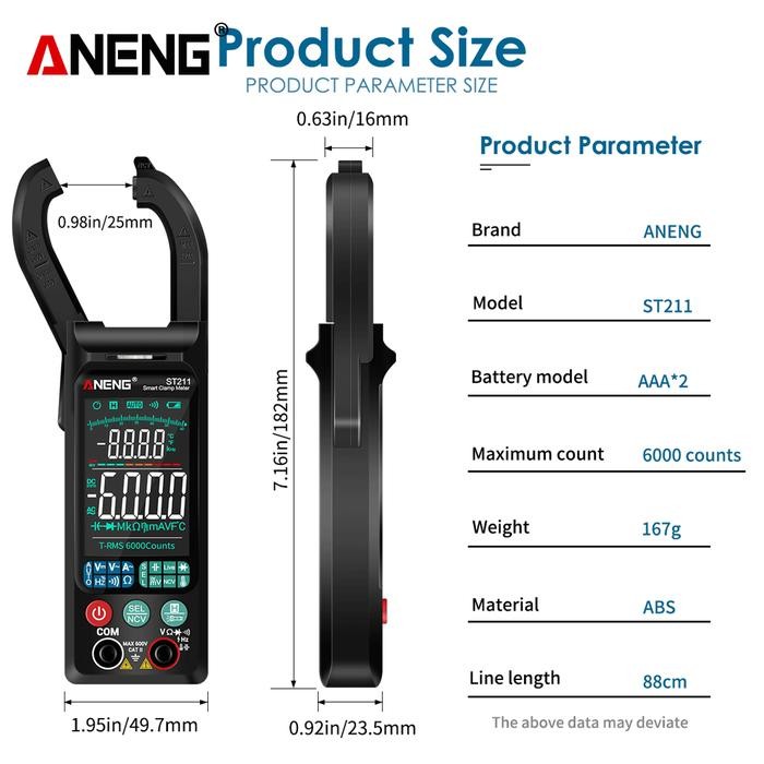 Aneng ST211 Current AC Clamp Meter Ammeter 6 Counts BColor Screen Test AC DC Voltage masih ready