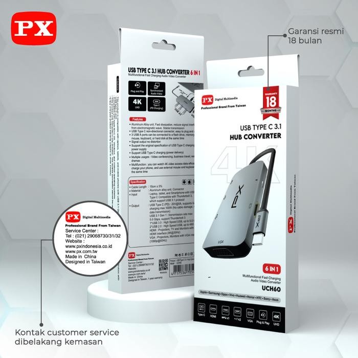 Converter Hub Adapter 6 In 1 Type C 3.1 To Hdmi 4K Vga Usb Px Uch60