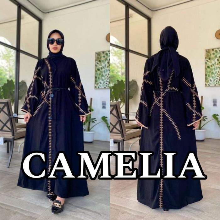 KirimCpT- Abaya Wanita Hitam Gamis Muslim Arab Saudi Outher Jetblack Premium Bordir - Camelia (