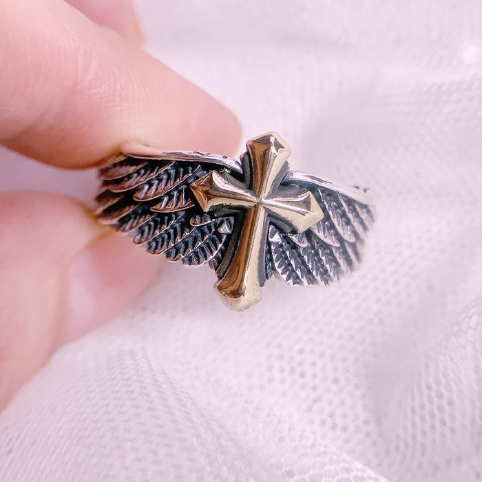 CINCIN SALIB SAYAP GOLD - STERLING SILVER CROSS SILVER ANGEL WINGS DOODLE ADJUSTABLE RING RESIZABLE