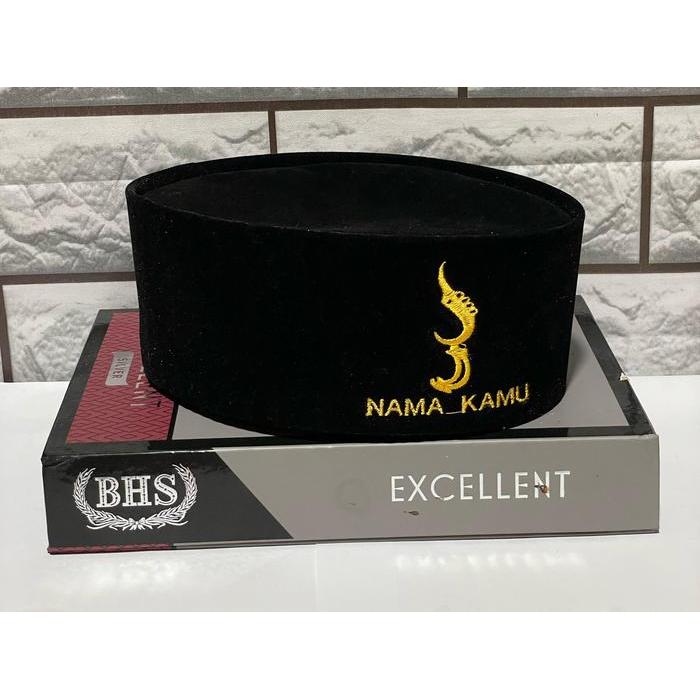 Peci + Nama - Kujang Nama - Peci Hitam Ukuran 1-10, Peci Kain Bludru, Songkok Nasional, Busana