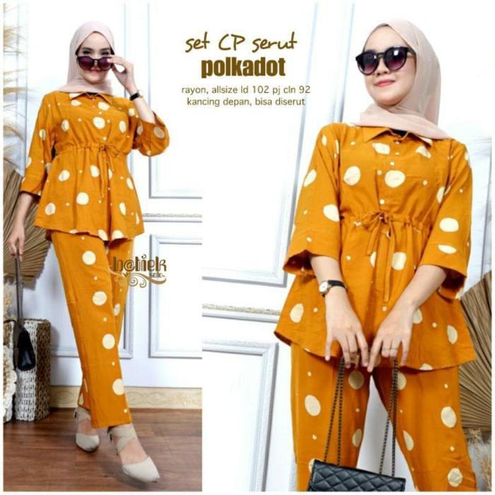 Setelan Serut Polkadot Busui Rayon Super Premium - One Set Polka Serut Resleting Depan Terbaru 