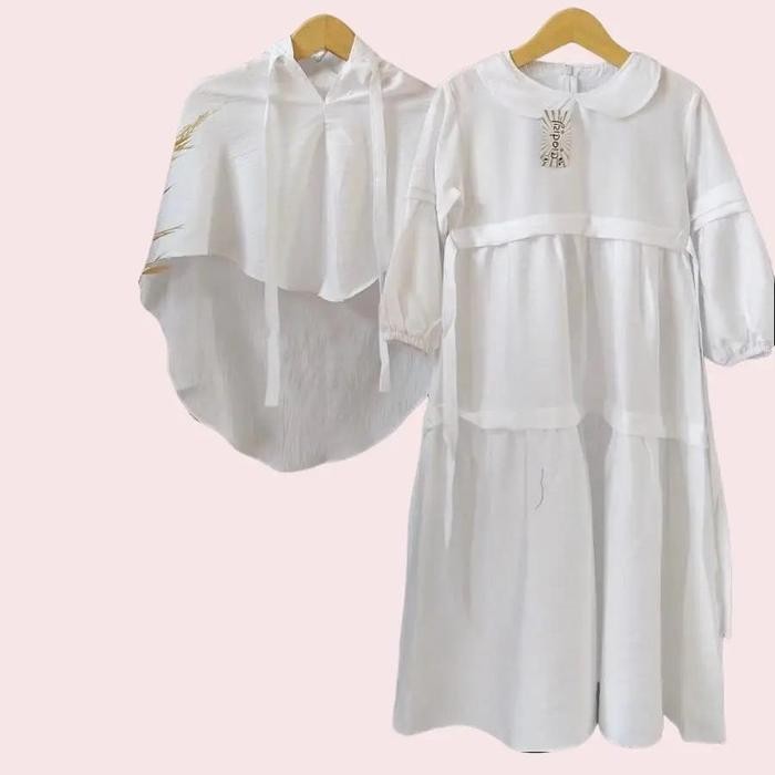 muna Gamis anak perempuan Muslim Hitam Putih free kerudung bahan katun linen usia 3-12 tahun
