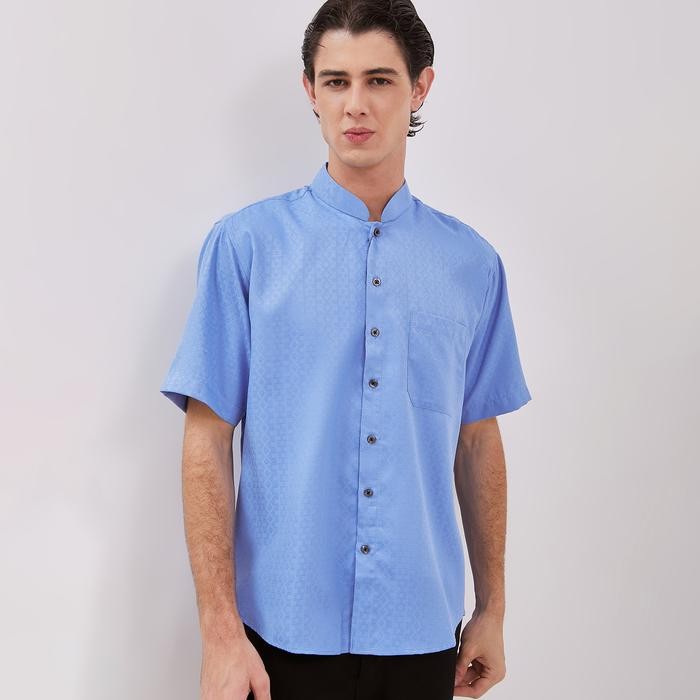 Odza Baju Congsam Koko Modern Pria Muslim Lengan Pendek Imlek CNY Cheongsam Smith Biru