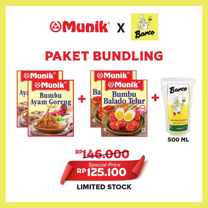 

Stok Baru Paket Bundling 2 Bumbu Munik Ayam Goreng + 2 Balado Telur Free Minyak Barco 500 ml