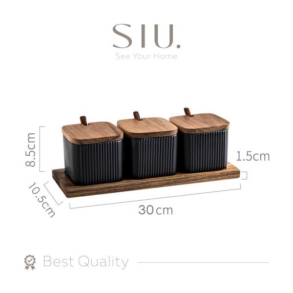 TEMPAT BUMBU - WADAH BUMBU KERAMIK SET OF 3 / CONDIMENT JAR WITH TRAY HITAM KAYU PUTIH KITCHENWARE