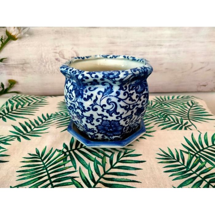 Pot Bunga Keramik Cina Biru Putih Motif Bunga Mawar Size S