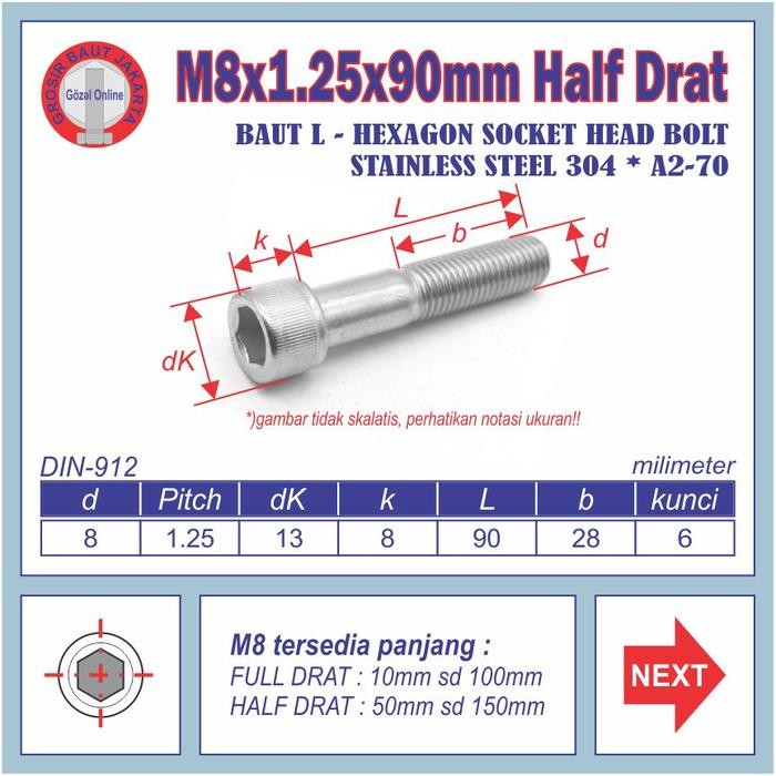 Baut L SS304 - M8 x90mm Half drat - kunci L 6mm - Stainless SUS 304