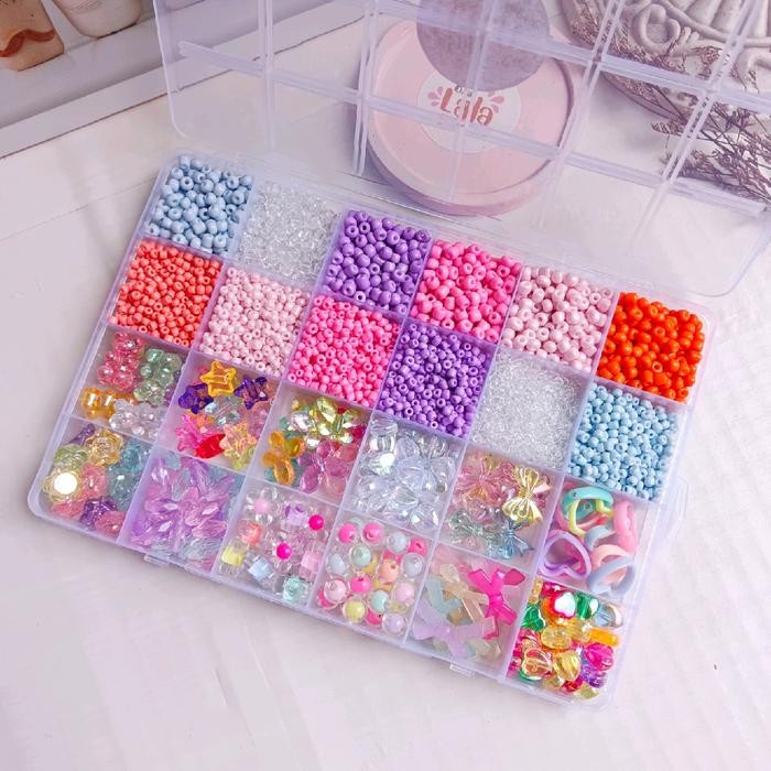 

New Lalacraft Paket Manik 24 sekat meronce kalung gelang cincin strapphone free senar elastis Kotak