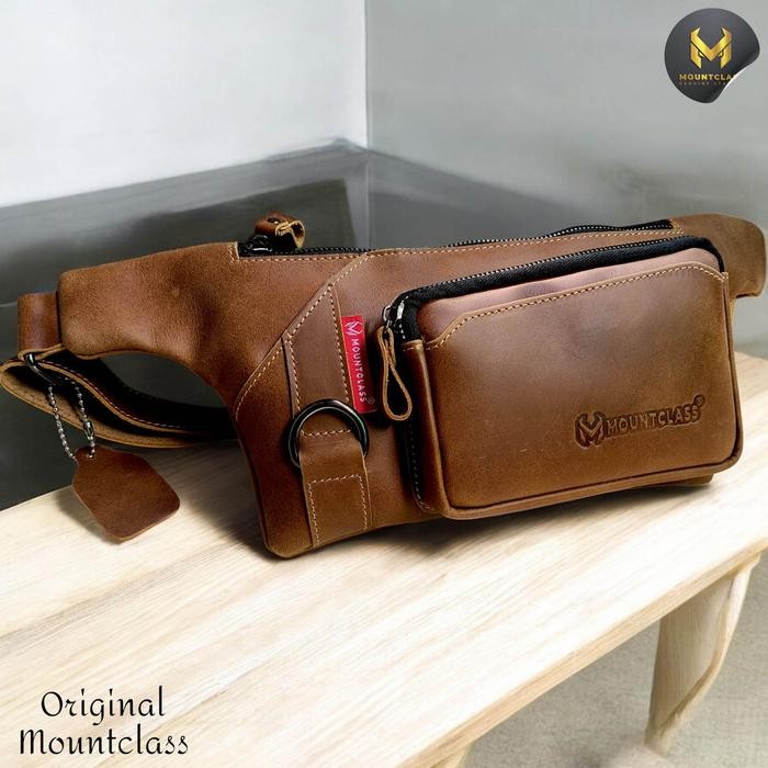 (Mountclass) Tas Selempang Pinggang Waistbag Kulit Asli Pria Cowok Waist Bag Weistbag Pria Kulit
