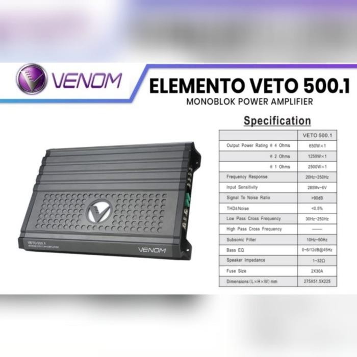 VENOM ELEMENTO VETO 500.1 POWER AMPLIFIER MONOBLOCK AUDIO MOBIL 1CH