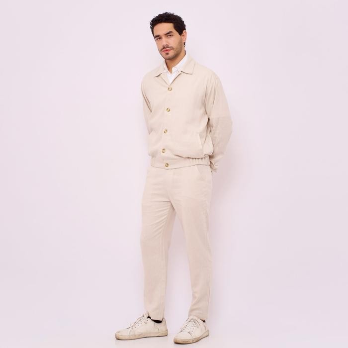REMEDY Jaket Bomber Linen Pria Warna Cream - Aneto Linen Bomber Jacket