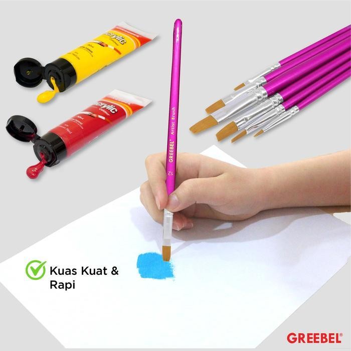 

Kuas Lukis Set Brush Greebel Brsh-Ab-6Fr Paint Brush Flat Dan Round [1 Set Isi 6]