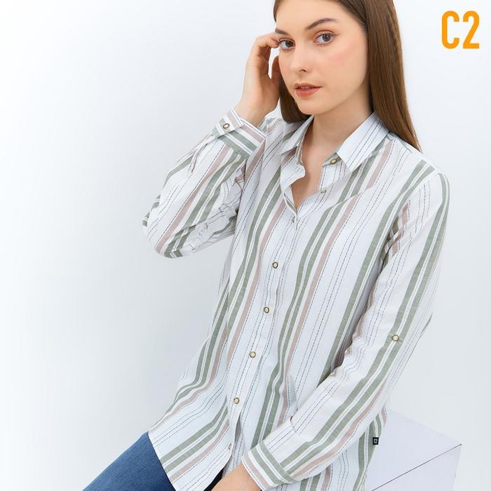 DISKON C2 Egovia Green Kemeja Casual Wanita Lengan Panjang Motif Garis READY STOCK