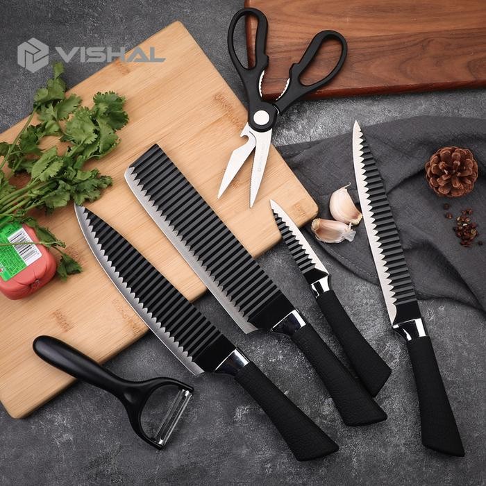 DJJ VISHAL Pisau Dapur isi 6pcs Hitam Pisau Set 6 pcs Black Pemotong Gelombang Baja Tahan