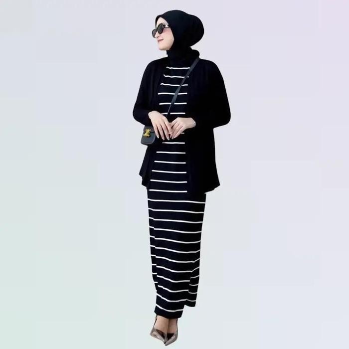 1fihz- Long Dress Rajut Wanita Basic Inner Span Strip Tanpa Lengan - 2 Ukuran Casual Garis