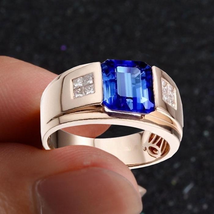 j2s4- Cincin Pernikahan Emas Mawar Pria Mewah Elegan Desain Kristal Imitasi Biru Desain