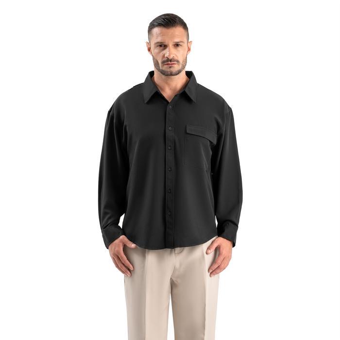 Ribsgold Kemeja One Pocket Overshirt | Kemeja Oversize One Pocket Hitam Black - Black, M