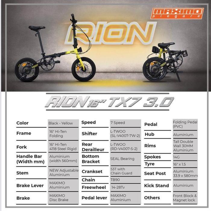 Sepeda Lipat 16 Maximo Rion Tx7 3.0 New Steel Hi-Ten 7 Sp