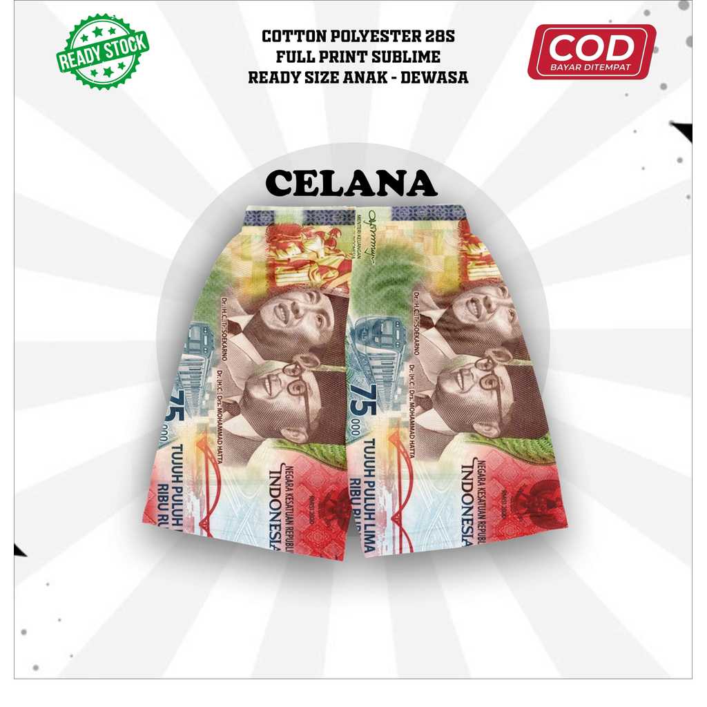 Celana Jersey Motif Uang 75 Tujuh Puluh Lima Ribu Bawahan Sport Duit Gambar Unik Full Printing Subli