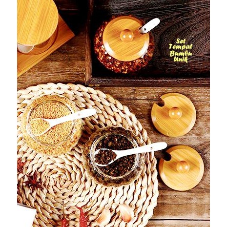 BULAT LABU TEMPAT BUMBU UNIK TOPLES KACA WADAH KAYU ISI 3 TEMPAT BUMBU + 1 WADAH KAYU SET TEMPAT