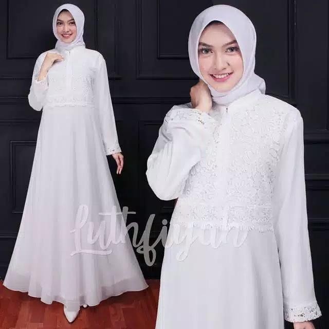 Gamis Ceruty Model Payung Cantik Mewah Polos Bunga Putih Kancing Muslim Panjang Nyaman Pesta Dalaman
