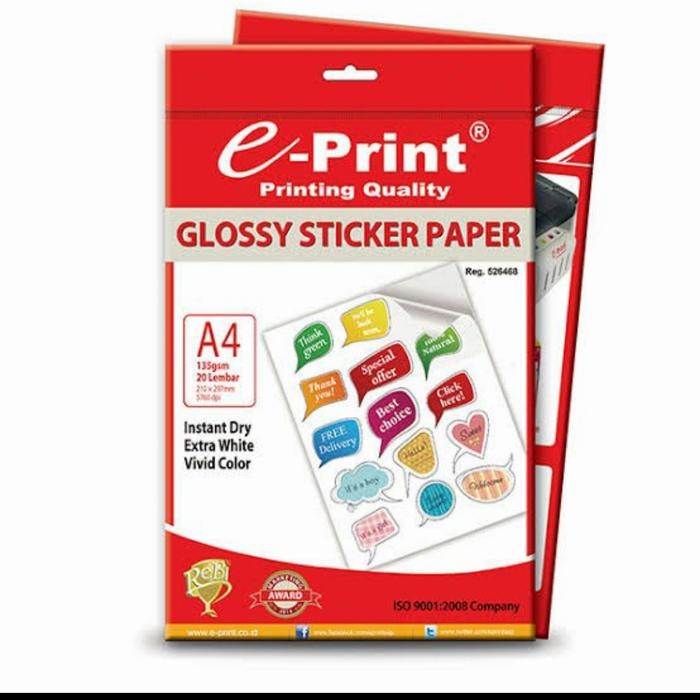 

kertas stiker eprint A4 glossy 135gsm isi 20 lmbr