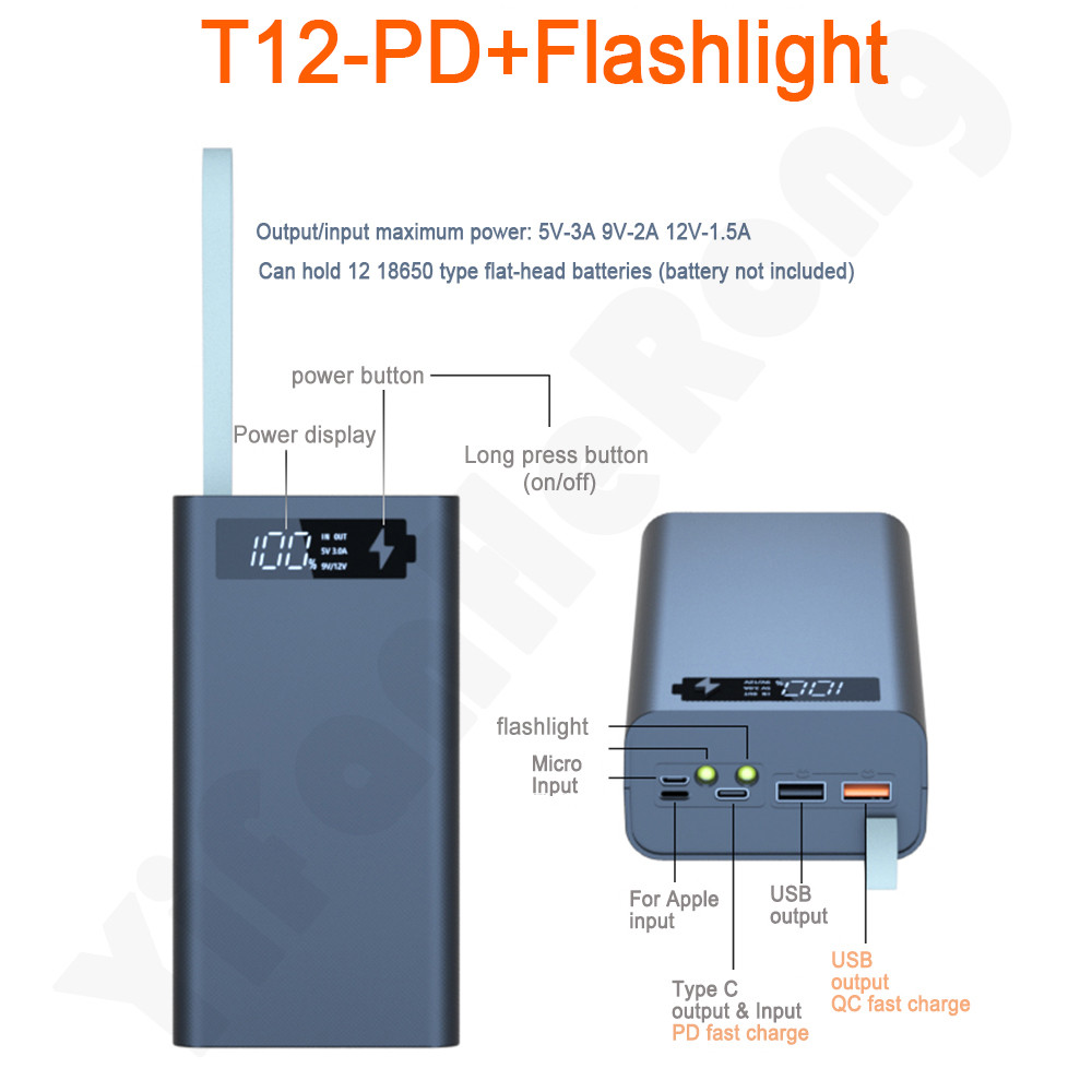 PD QC3.0 DIY 12x18650 Battery Power Bank Welding Free Battery Storage Box DIY Power Bank with LCD